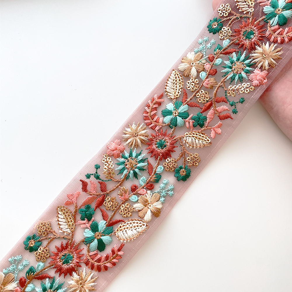 1030 【 幅:5.5cm 】 インド刺繍リボン ピンク チュール グリーン オレンジ ゴールド