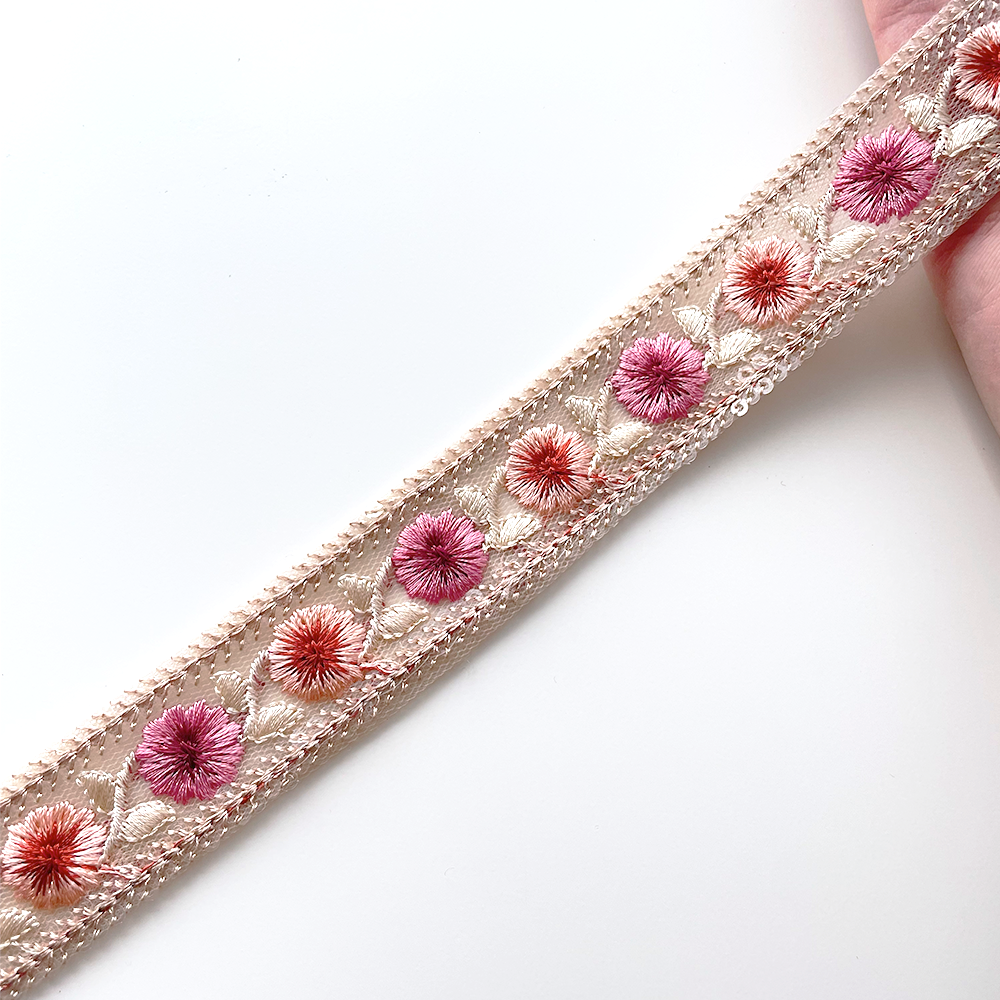 1034 【 幅:3cm 】 インド刺繍リボン ベージュ チュール ピンク オレンジ