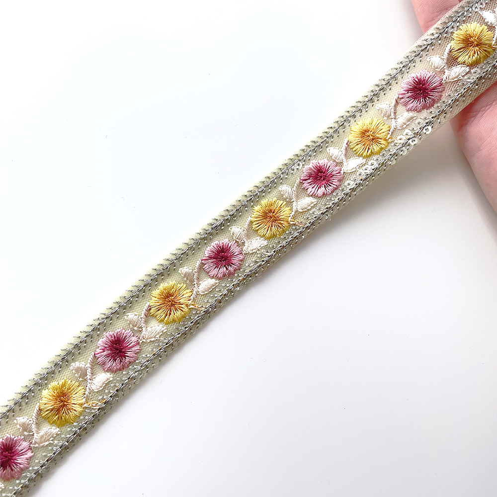 1036 【 幅:3cm 】 インド刺繍リボン グリーン チュール イエロー ピンク