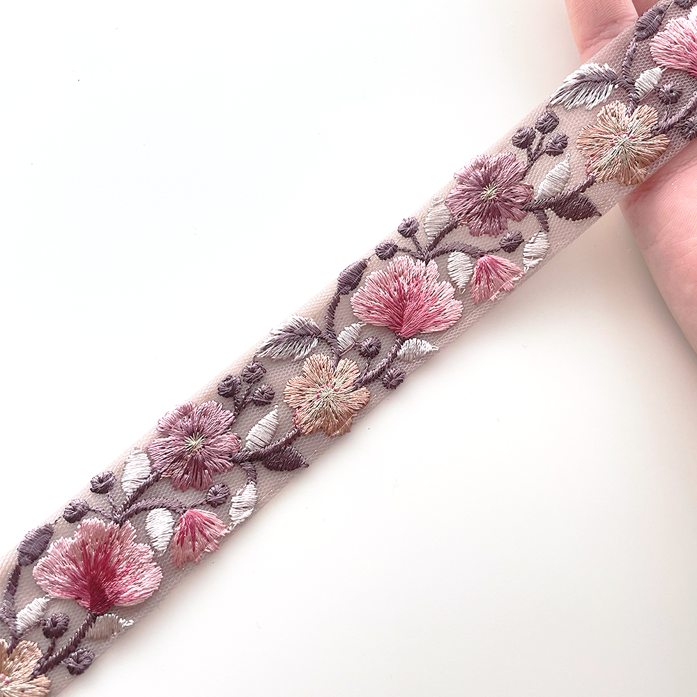 1039 【 幅:3cm 】 インド刺繍リボン パープル チュール ピンク ベージュ