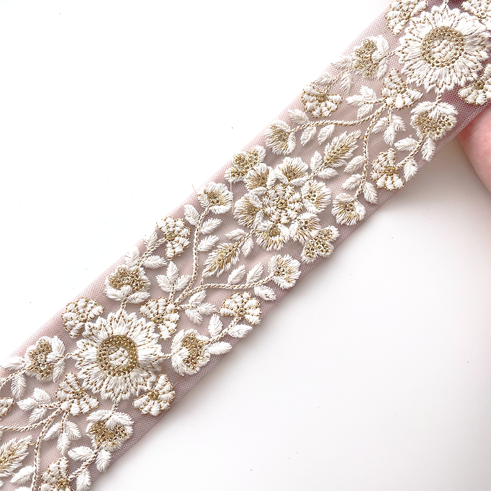 1045 【 幅:5.5cm 】 インド刺繍リボン パープル チュール ホワイト ゴールド