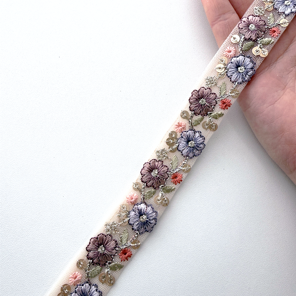 1070 【 幅:2.5cm 】 インド刺繍リボン ベージュ チュール パープル グリーン