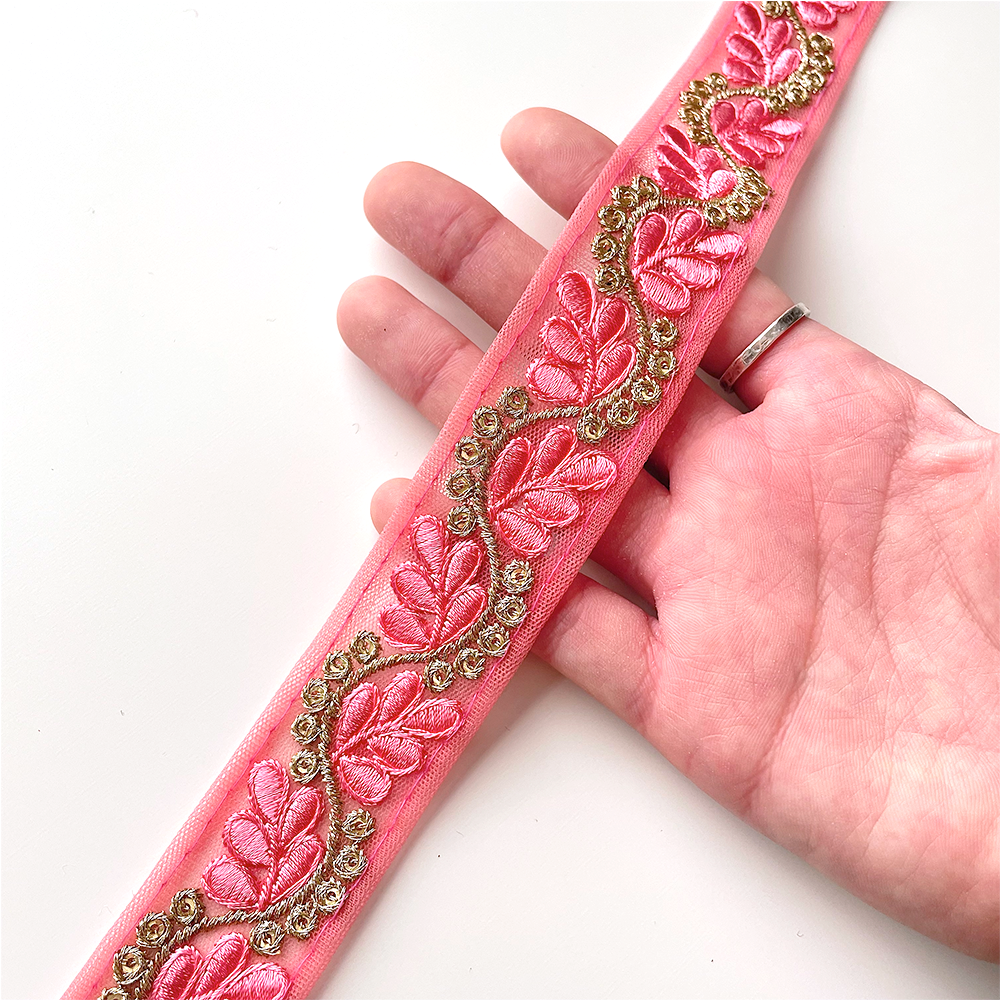 265 【 幅:3cm 】 インド刺繍リボン ピンク チュール