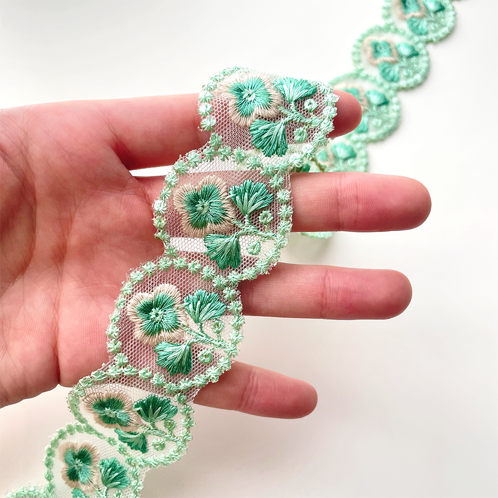 417 【 幅:4cm 】 インド刺繍リボン ミントグリーン チュール ホワイト