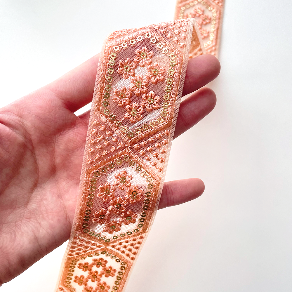 441 【 幅:4.5cm 】 インド刺繍リボン シェルピンク チュール
