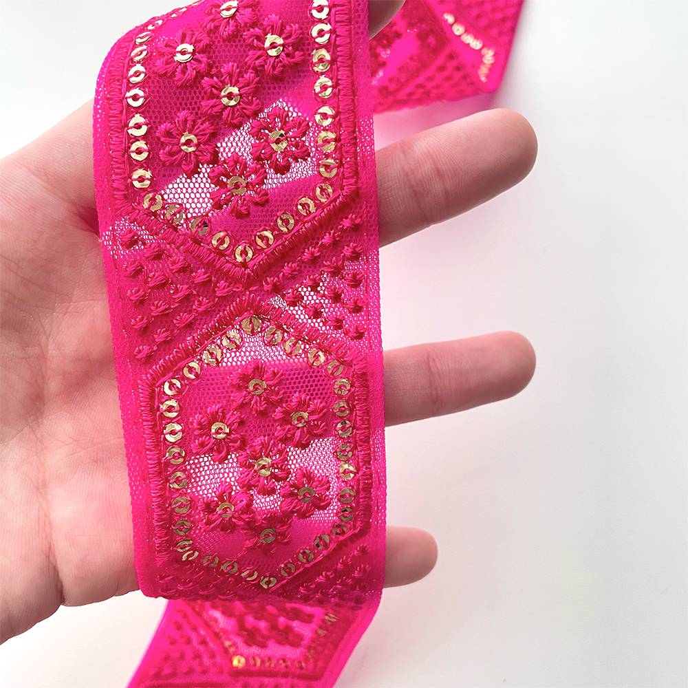 443 【 幅:4.5cm 】 インド刺繍リボン パッションピンク チュール