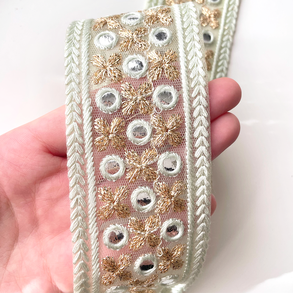 446 【 幅:5.5cm 】 インド刺繍リボン ミントグリーン チュール ゴールド