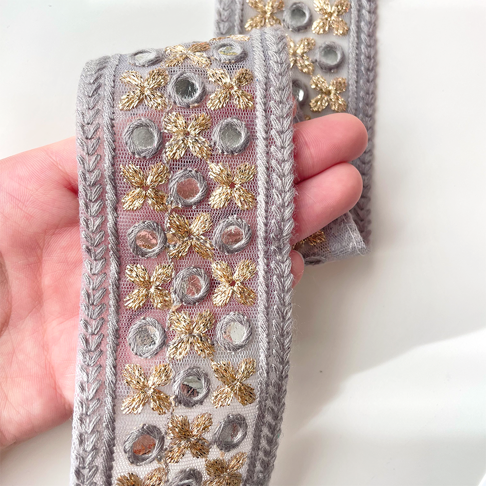 452 【 幅:5.5cm 】 インド刺繍リボン グレー チュール ゴールド
