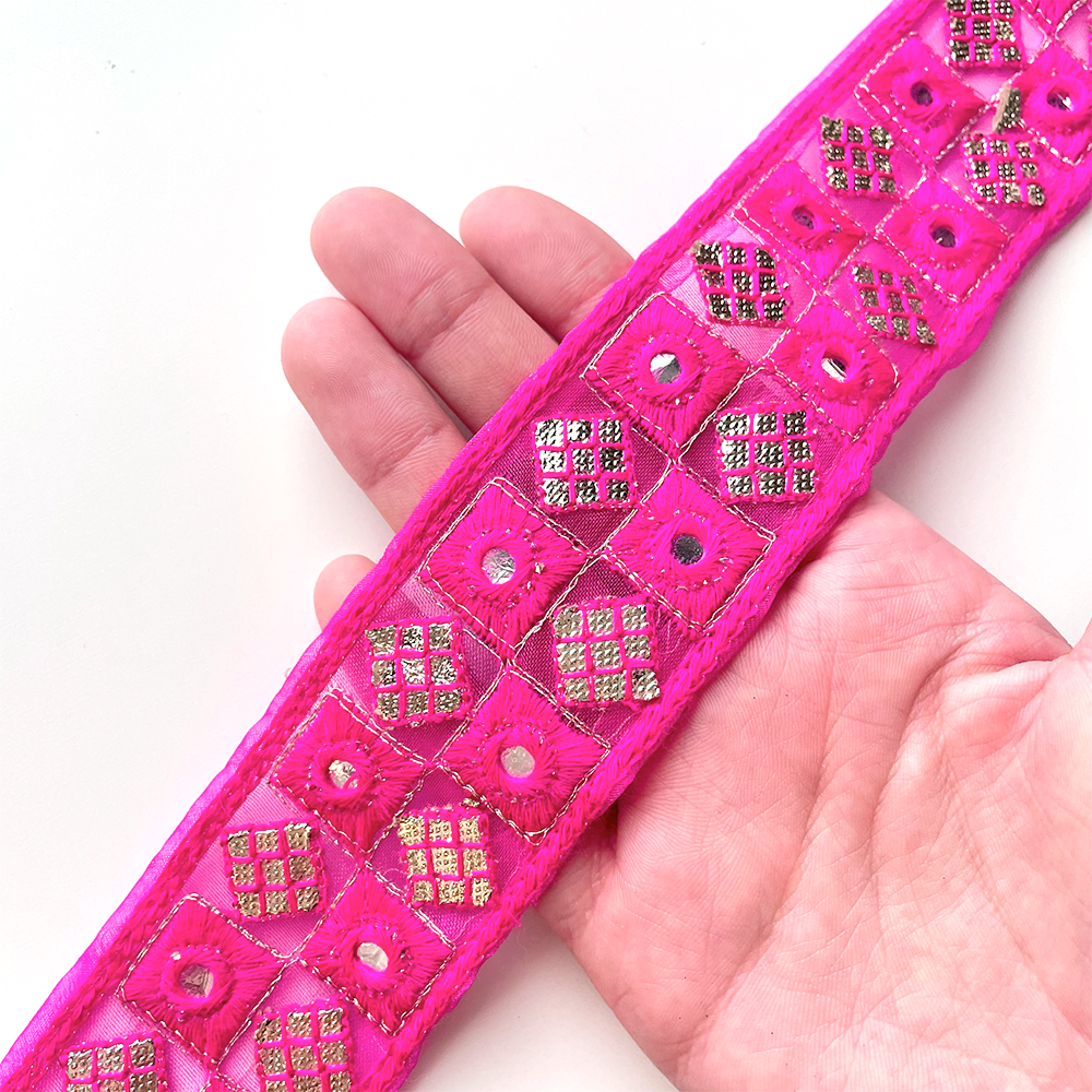 453 【 幅:4.5cm 】 インド刺繍リボン パッションピンク オーガンジー