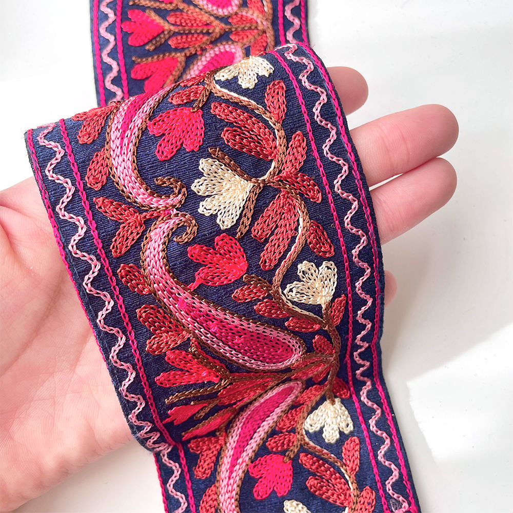 514 【 幅:8cm 】 インド刺繍リボン ネイビー 布地 ピンク レッド