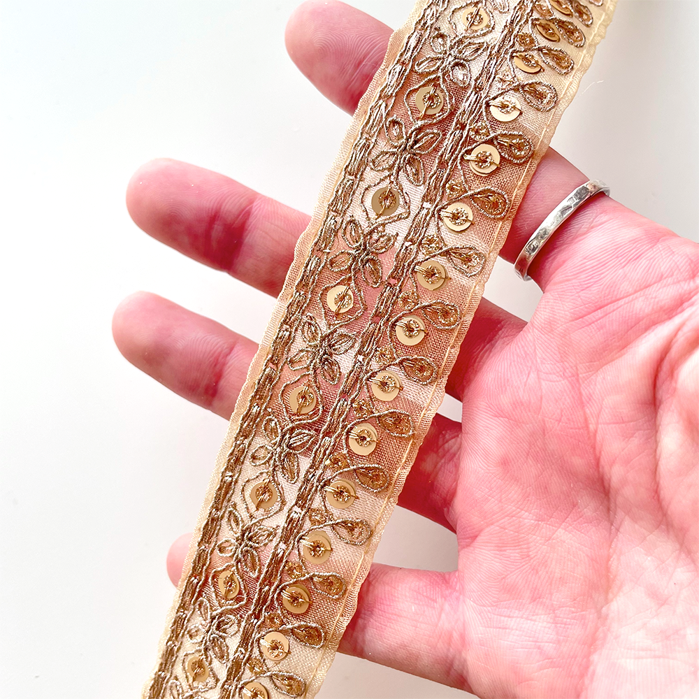 586 【 幅:3.5cm 】 インド刺繍リボン ゴールド オーガンジー