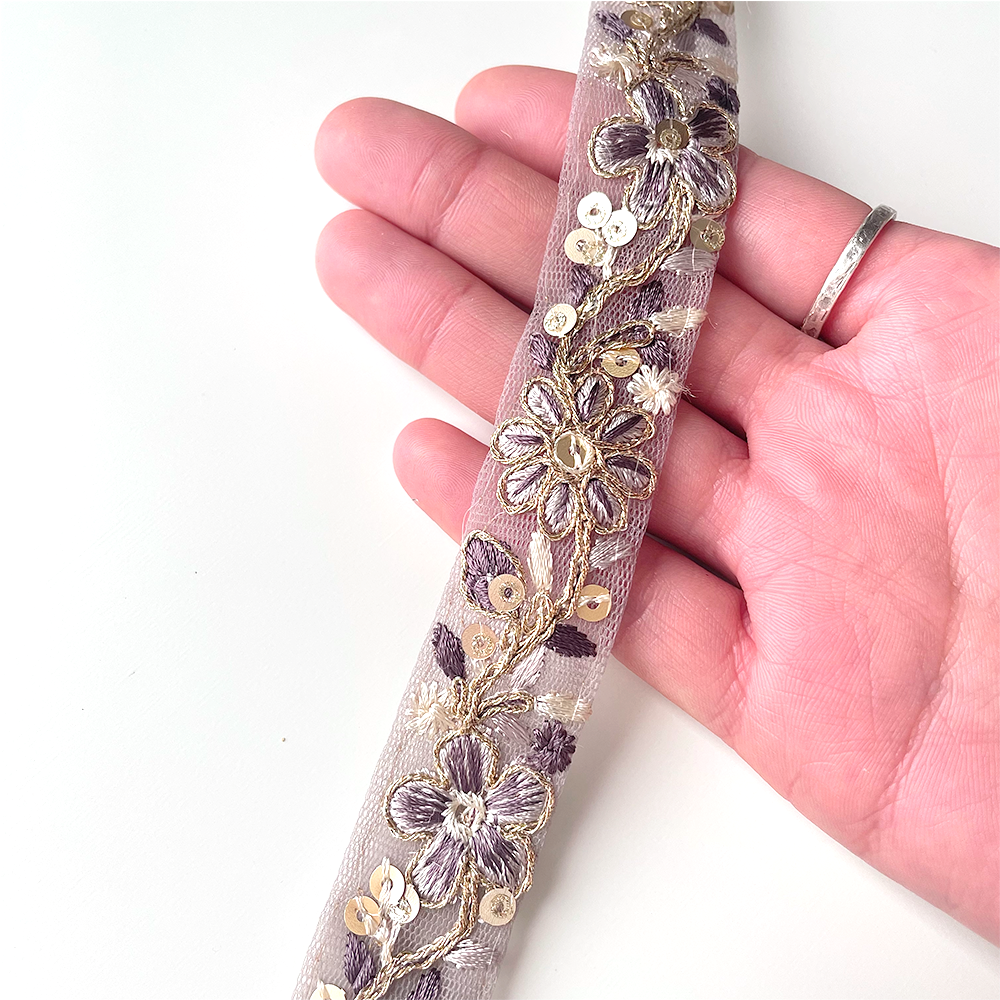 646 【 幅:2.5cm 】 インド刺繍リボン パープル チュール ゴールド