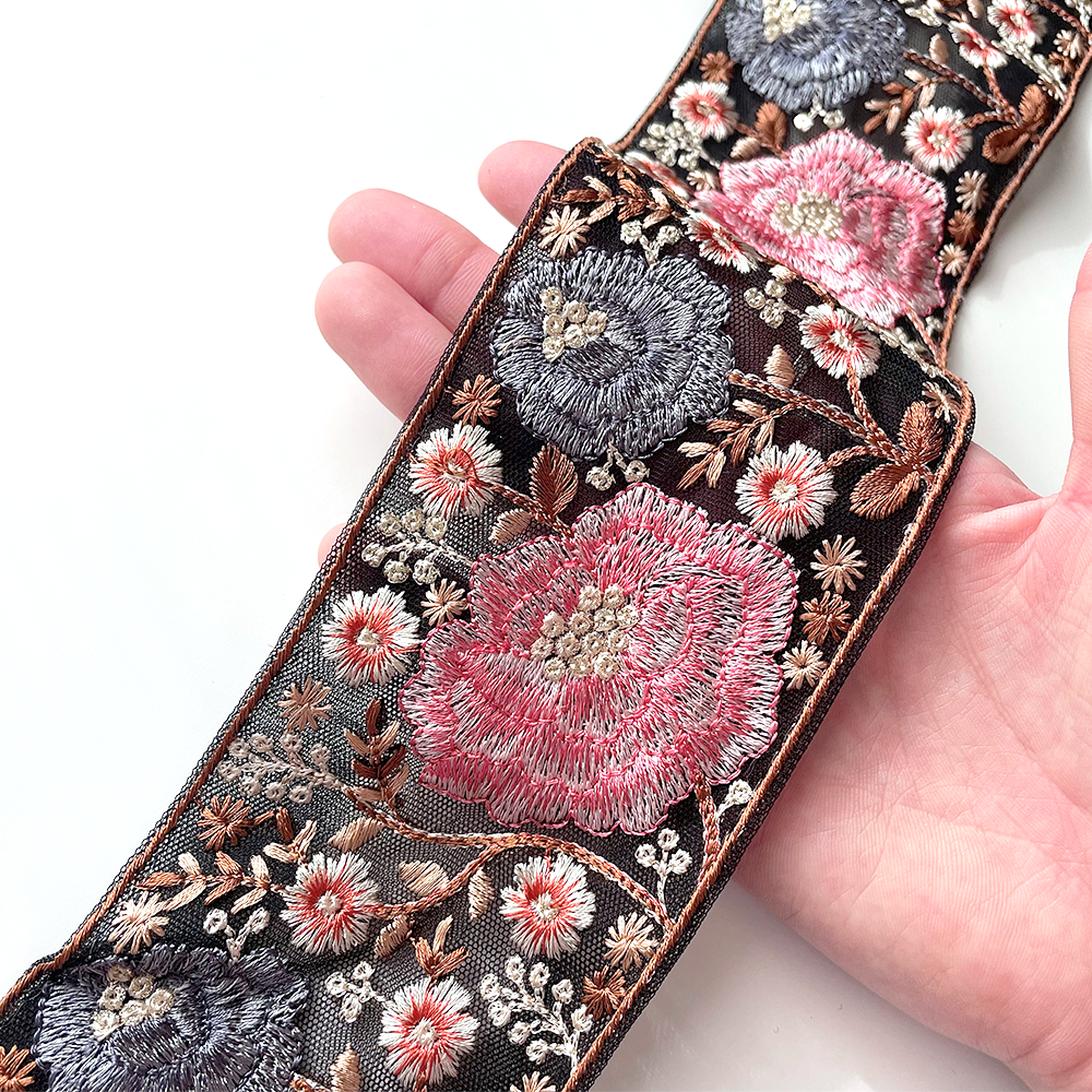 658 【 幅:7.5cm 】 インド刺繍リボン ブラック チュール ピンク ブルー ホワイト