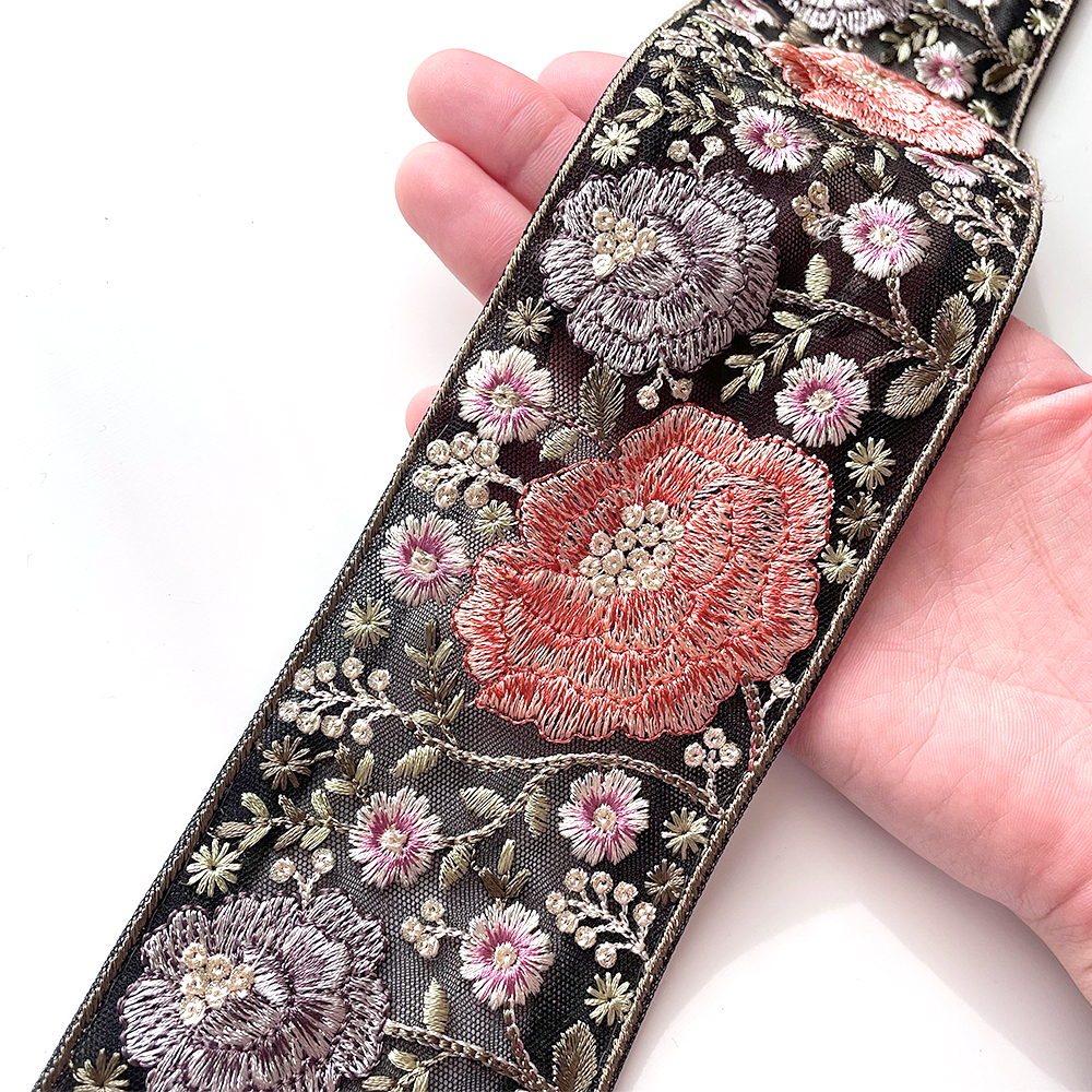 659 【 幅:7.5cm 】 インド刺繍リボン ブラック チュール レッド ブルー グリーン