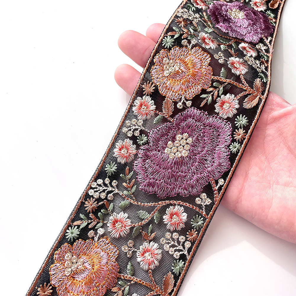 660 【 幅:7.5cm 】 インド刺繍リボン ブラック チュール パープル レッド ホワイト