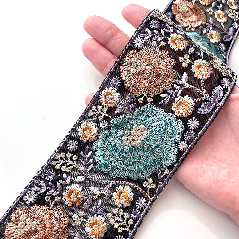 663 【 幅:7.5cm 】 インド刺繍リボン ブラック チュール ターコイズ ブラウン ホワイト