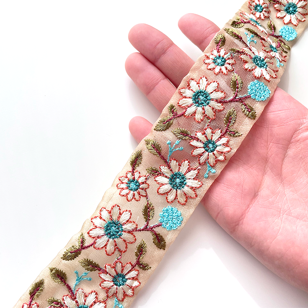 665 【 幅:4.5cm 】 インド刺繍リボン ベージュ オーガンジー オレンジ ペパーミントブルー