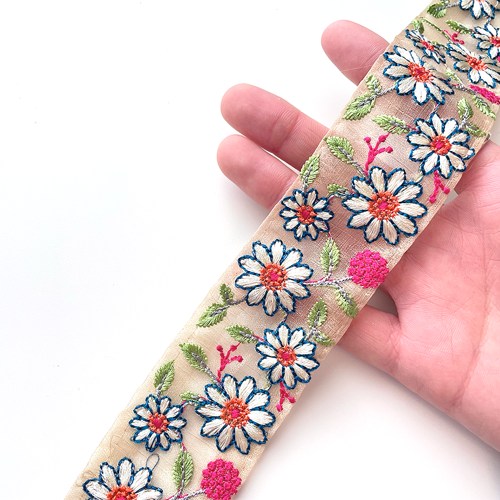 667 【 幅:4.5cm 】 インド刺繍リボン ベージュ オーガンジー ブルー ピンク