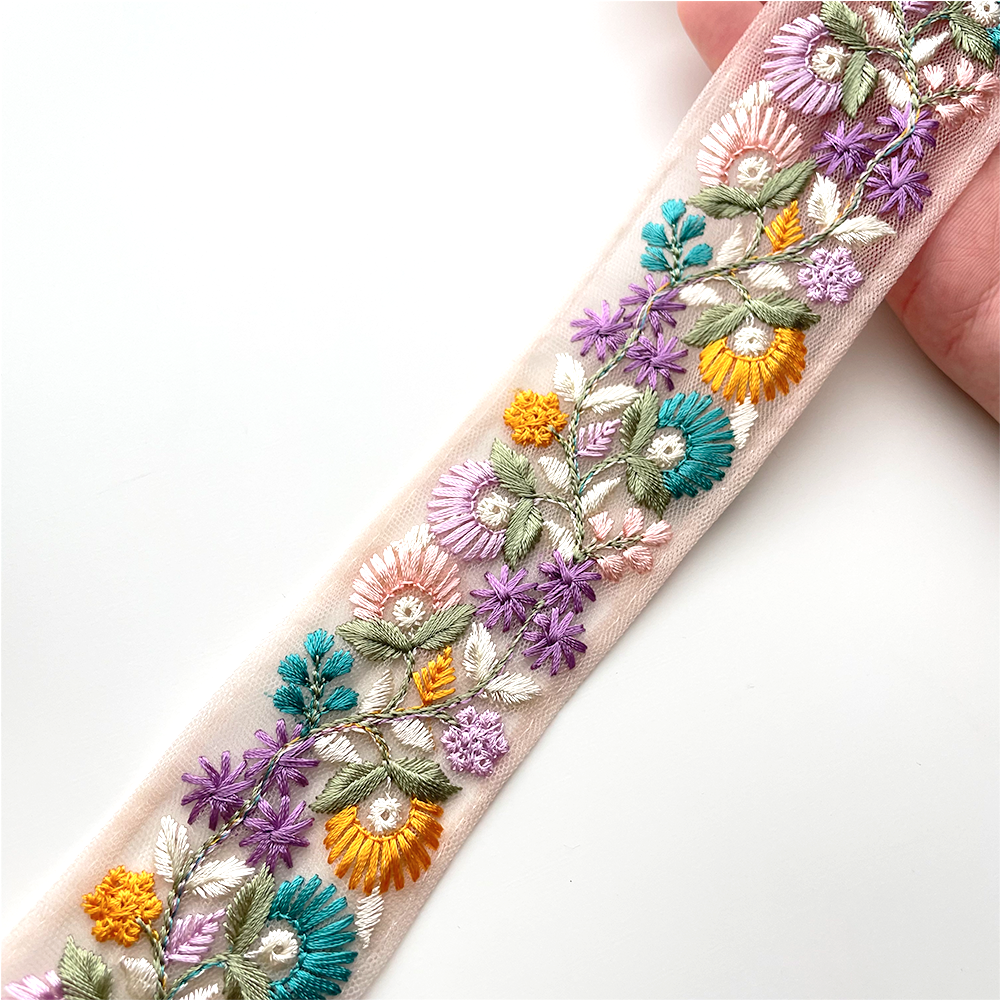 695 【 幅:4cm 】 インド刺繍リボン ピンク チュール イエロー グリーン パープル