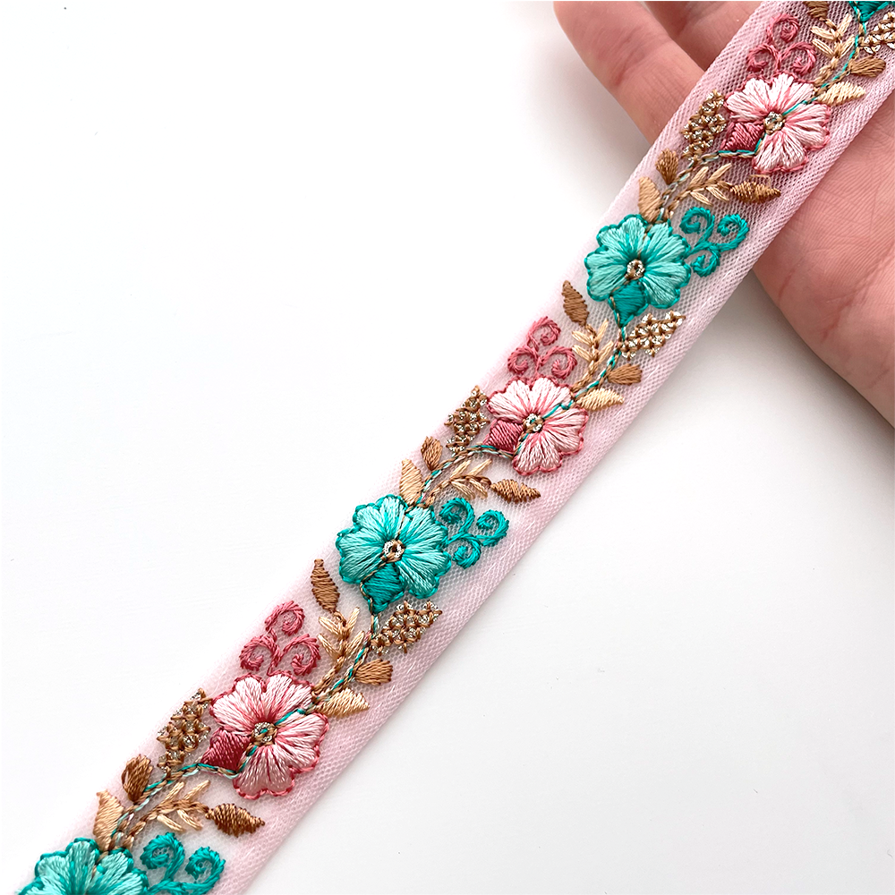 701 【 幅:2.5cm 】 インド刺繍リボン ピンク チュール ブラウン グリーン