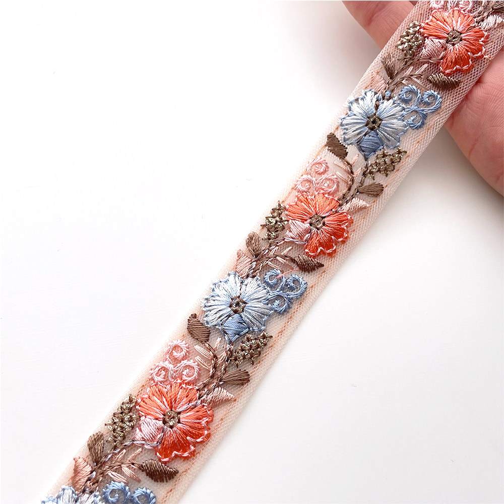 702 【 幅:2.5cm 】 インド刺繍リボン クリーム チュール オレンジ ブルー
