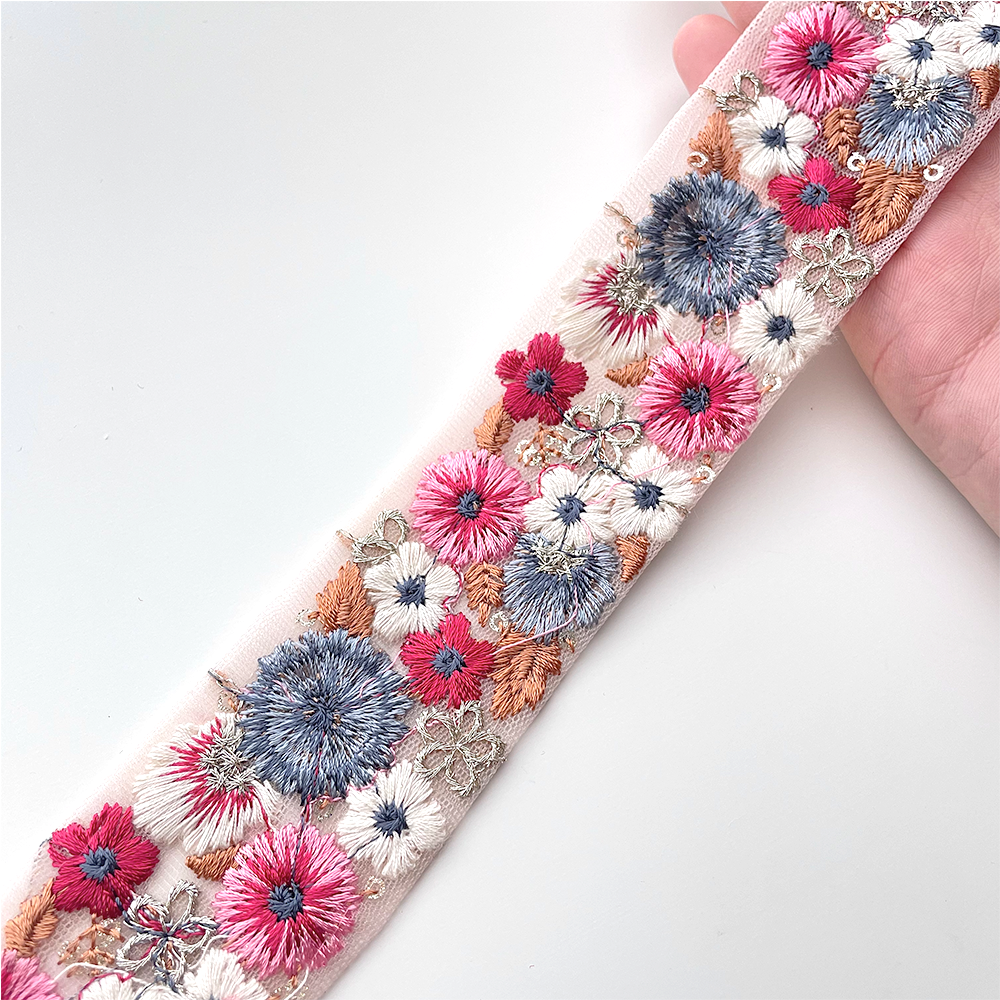 712 【 幅:4cm 】 インド刺繍リボン ピンク チュール ブルー ホワイト レッド