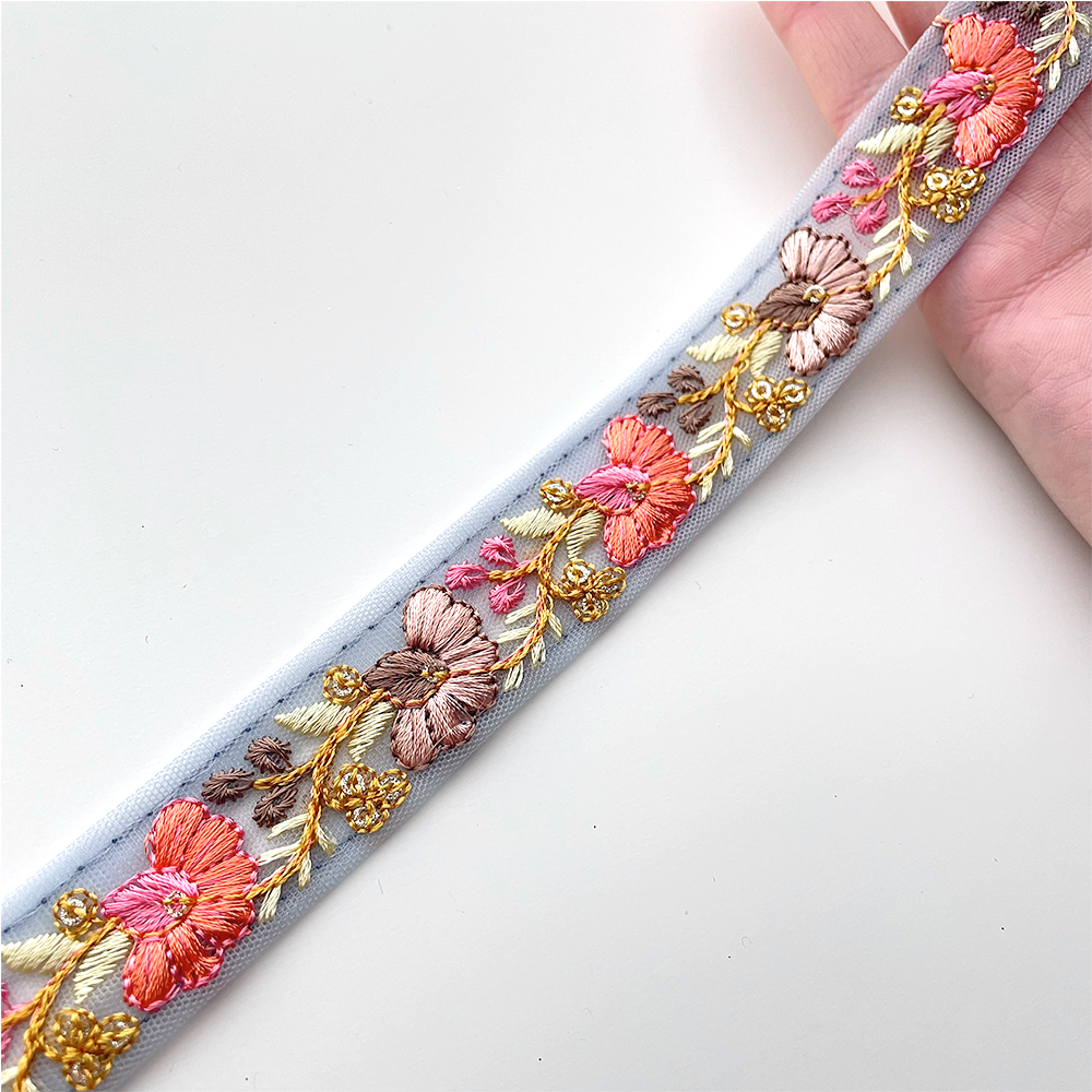 724 【 幅:2.5cm 】 インド刺繍リボン ブルー チュール オレンジ ブラウン