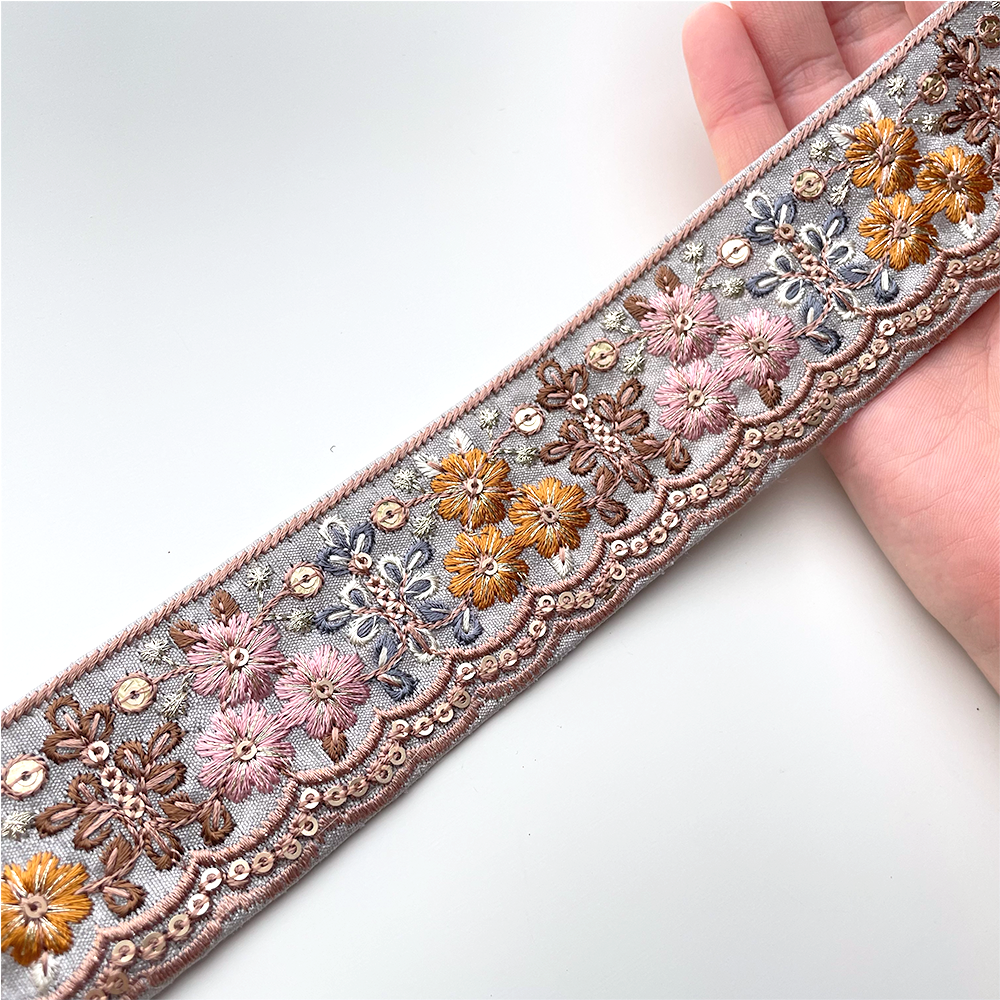 737 【 幅:4.5cm 】 インド刺繍リボン ブルー 布地 ピンク オレンジ