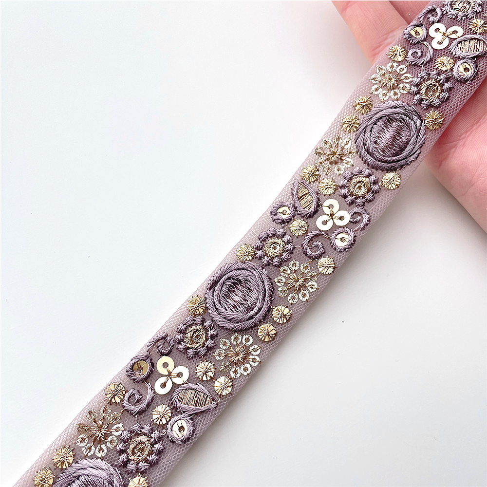 754 【 幅:2.5cm 】 インド刺繍リボン パープル チュール ゴールド