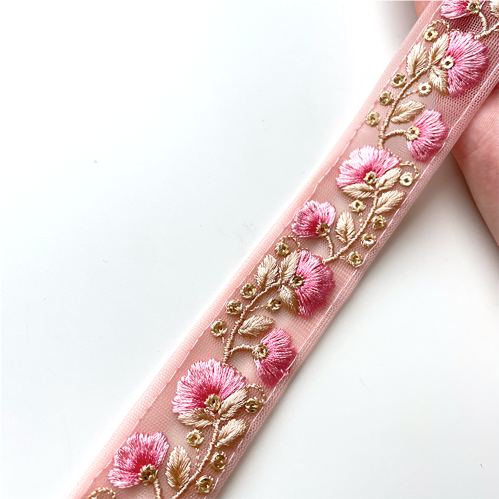 784 【 幅:3cm 】 インド刺繍リボン サクラ チュール ゴールド