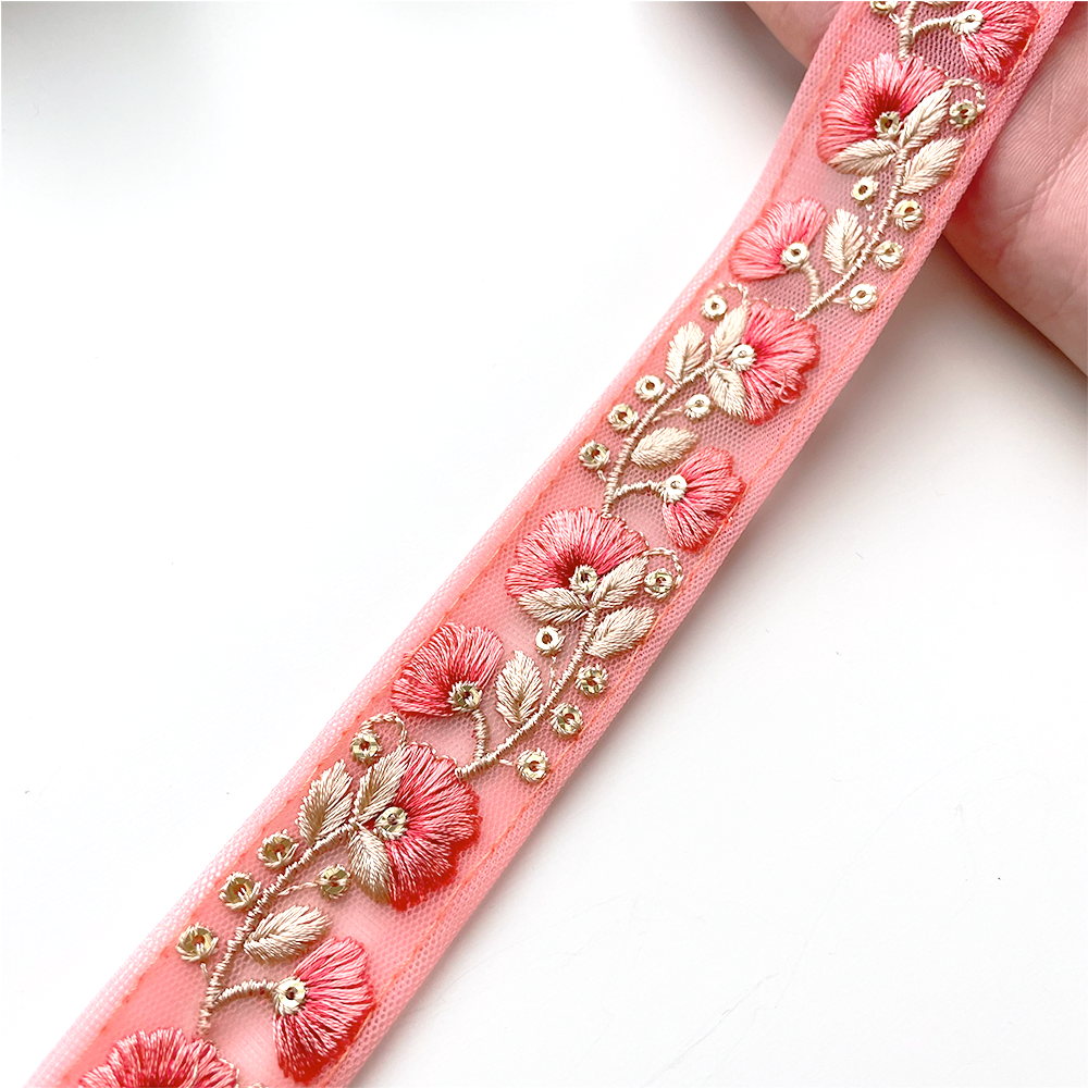 786 【 幅:3cm 】 インド刺繍リボン コーラル チュール ゴールド