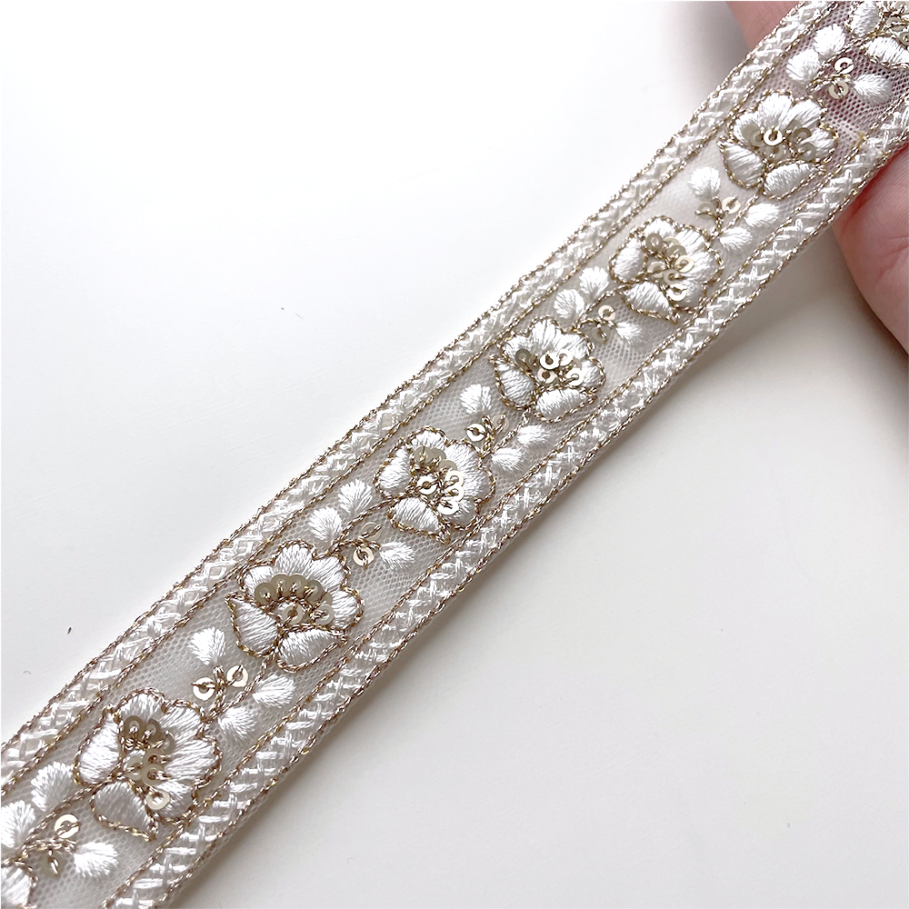 792 【 幅:3cm 】 インド刺繍リボン ホワイト チュール ゴールド