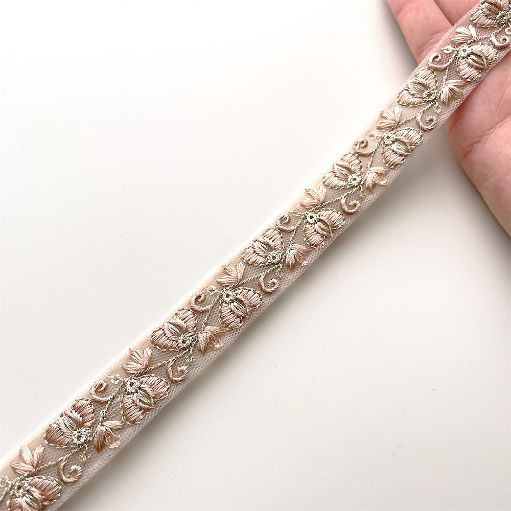 837 【 幅:2cm 】 インド刺繍リボン ベージュ チュール ゴールド