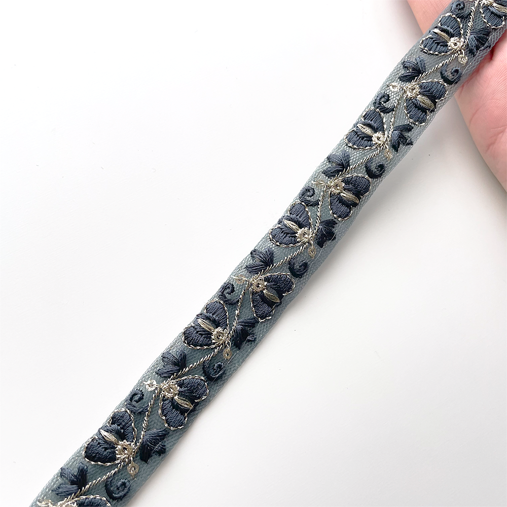 842 【 幅:2cm 】 インド刺繍リボン グリーン チュール ゴールド