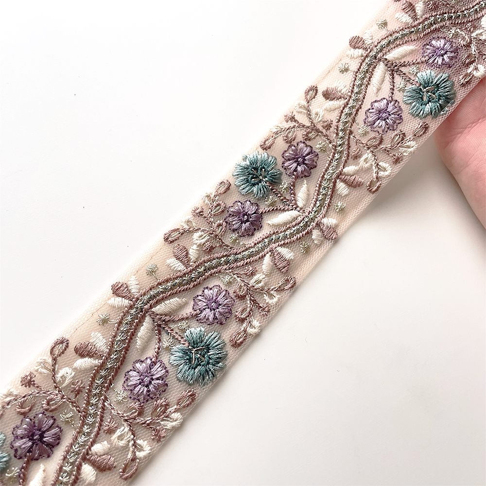 849 【 幅:4.5cm 】 インド刺繍リボン ベージュ チュール ターコイズ パープル