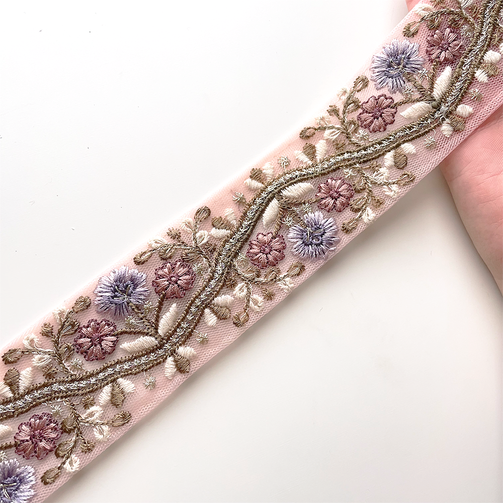 850 【 幅:4.5cm 】 インド刺繍リボン ピンク チュール パープル グリーン