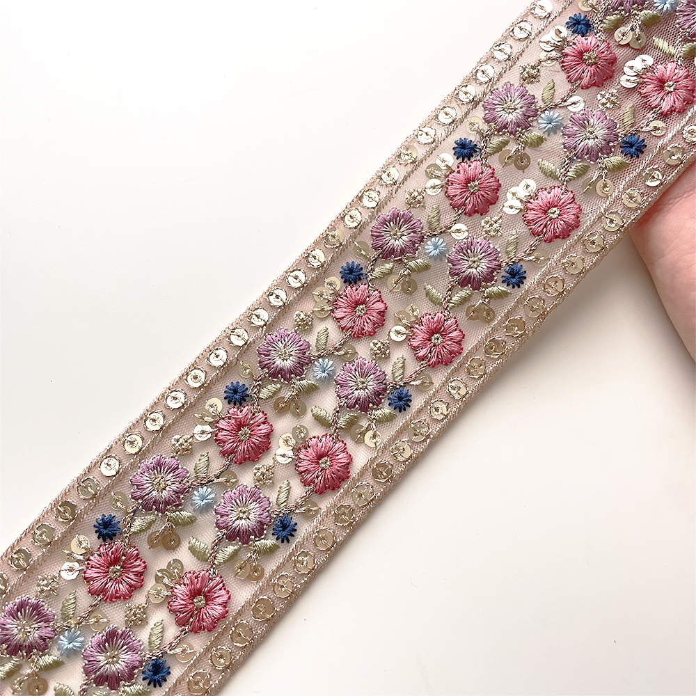 863 【 幅:6.5cm 】 インド刺繍リボン ピンク チュール パープル