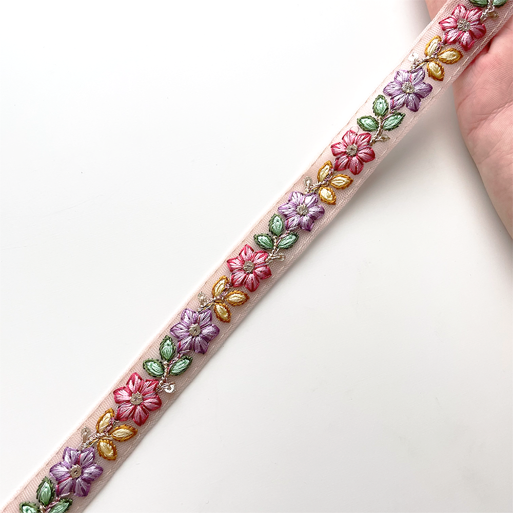 865 【 幅:1.5cm 】 インド刺繍リボン ピンク チュール パープル グリーン イエロー