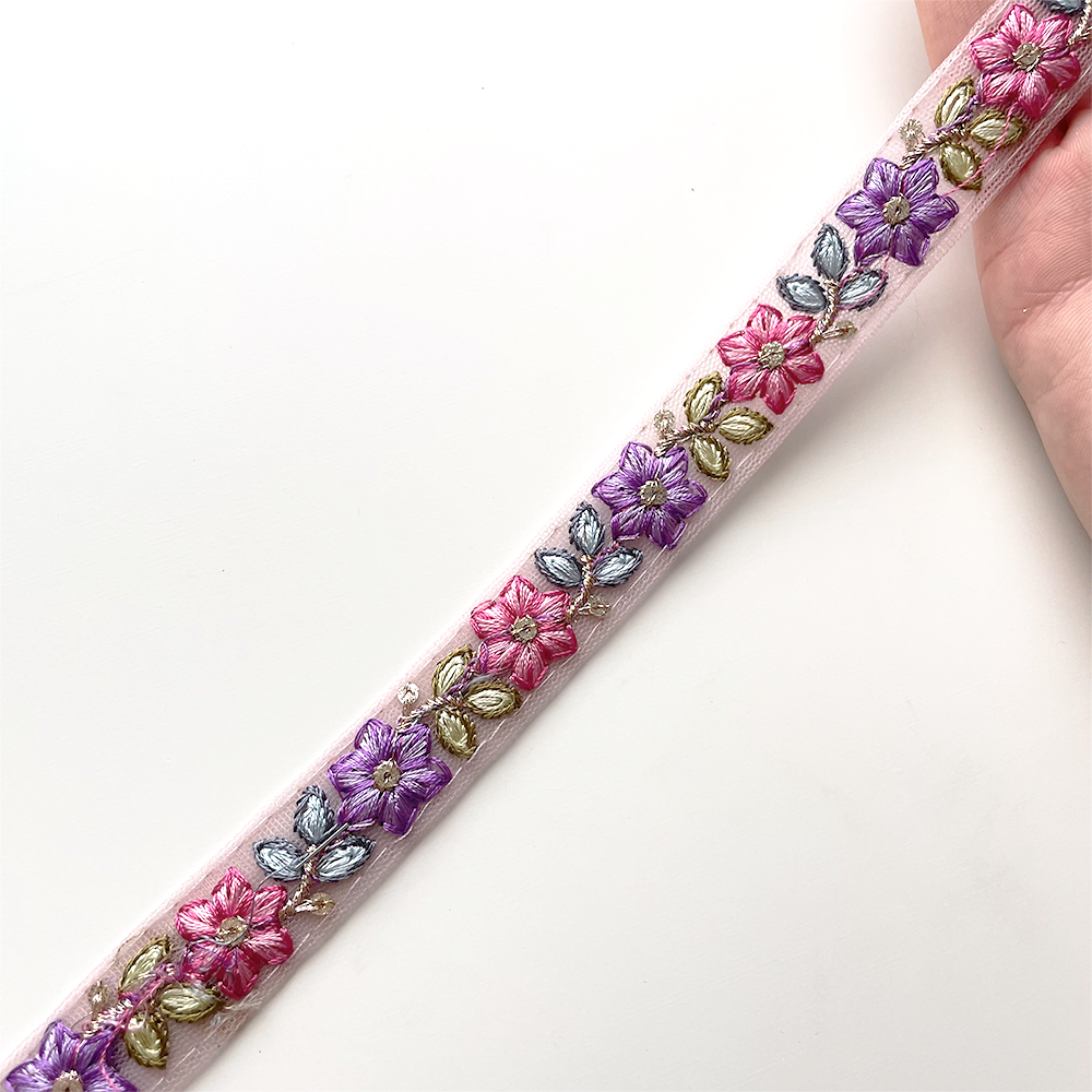 866 【 幅:1.5cm 】 インド刺繍リボン パープル チュール ブルー グリーン ピンク