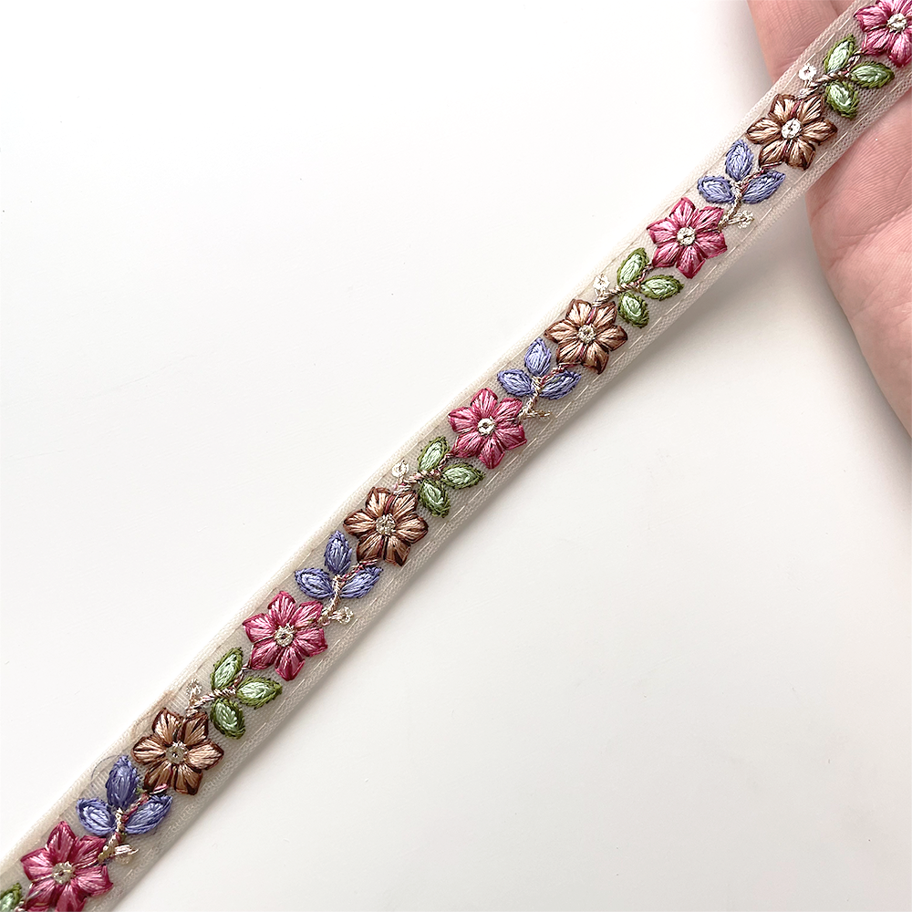 868 【 幅:1.5cm 】 インド刺繍リボン ベージュ チュール パープル レッド グリーン