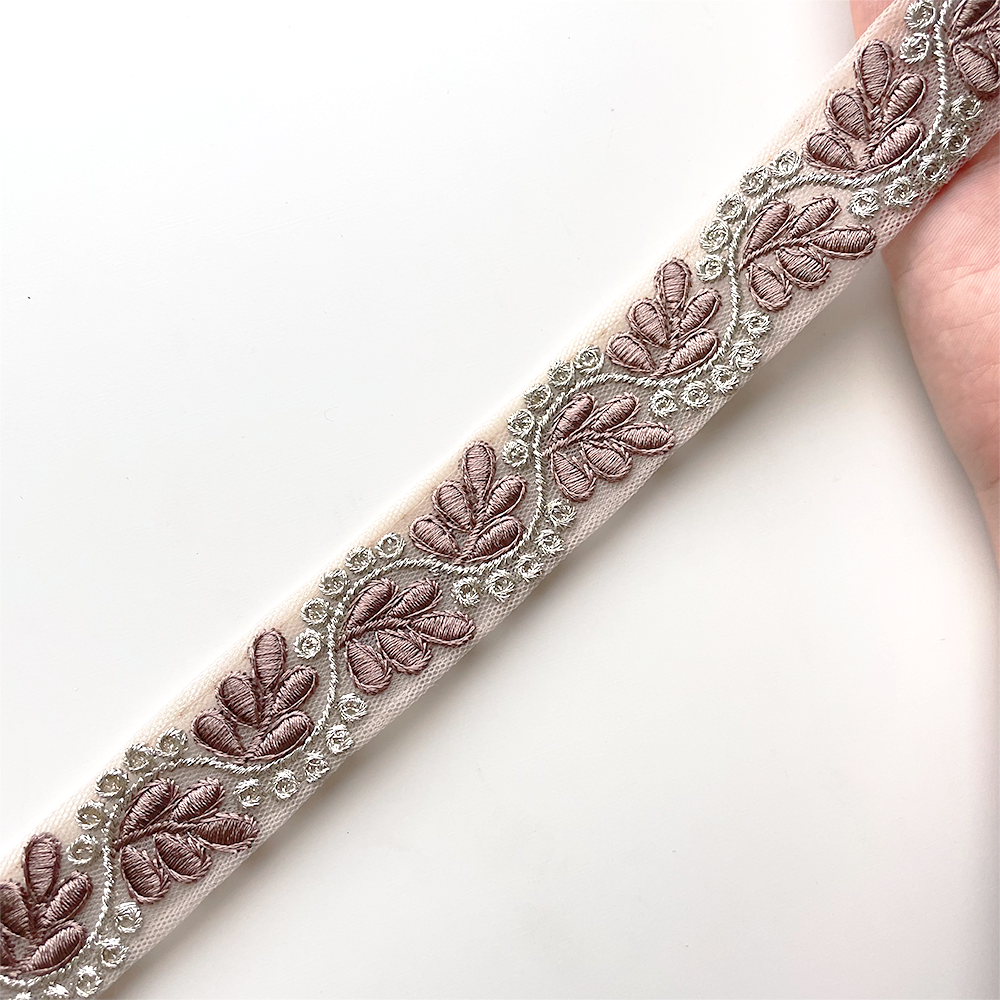 871 【 幅:2.5cm 】 インド刺繍リボン ブラウン チュール ゴールド