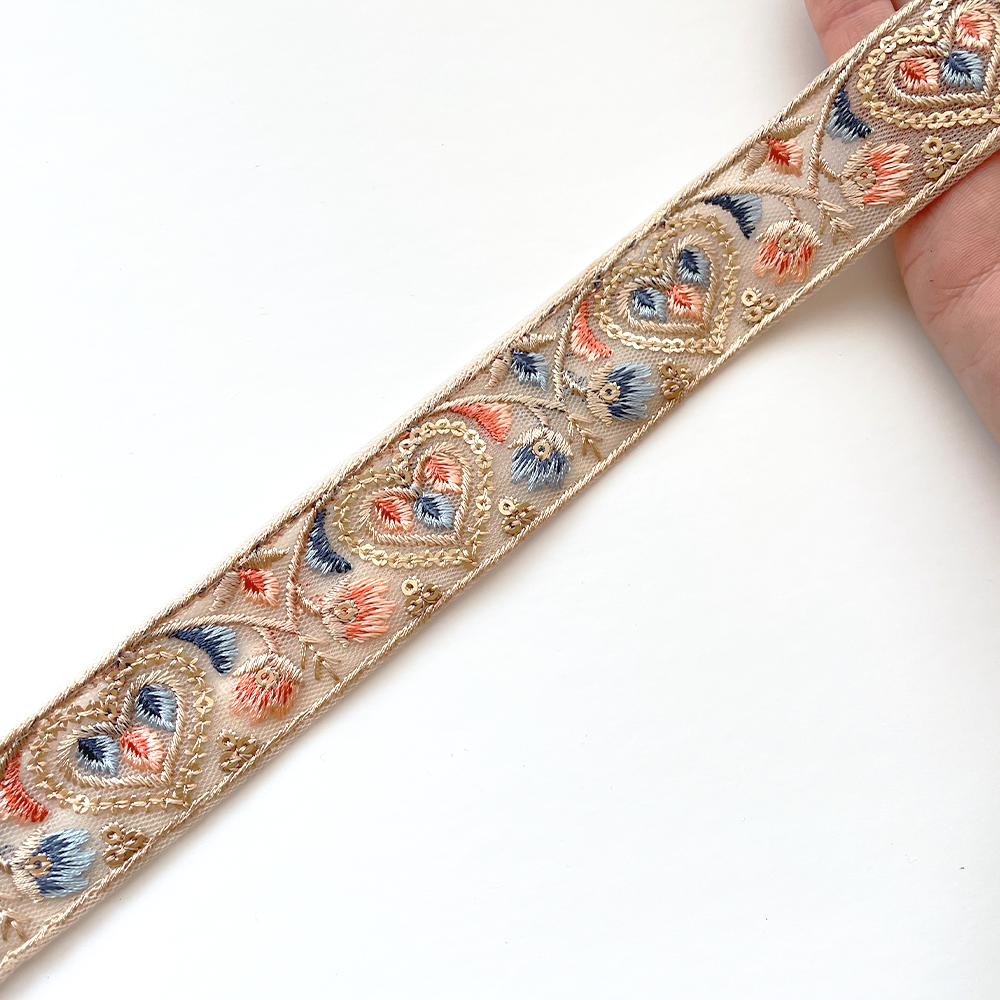 890 【 幅:3cm 】 インド刺繍リボン ベージュ チュール ブルー ピンク