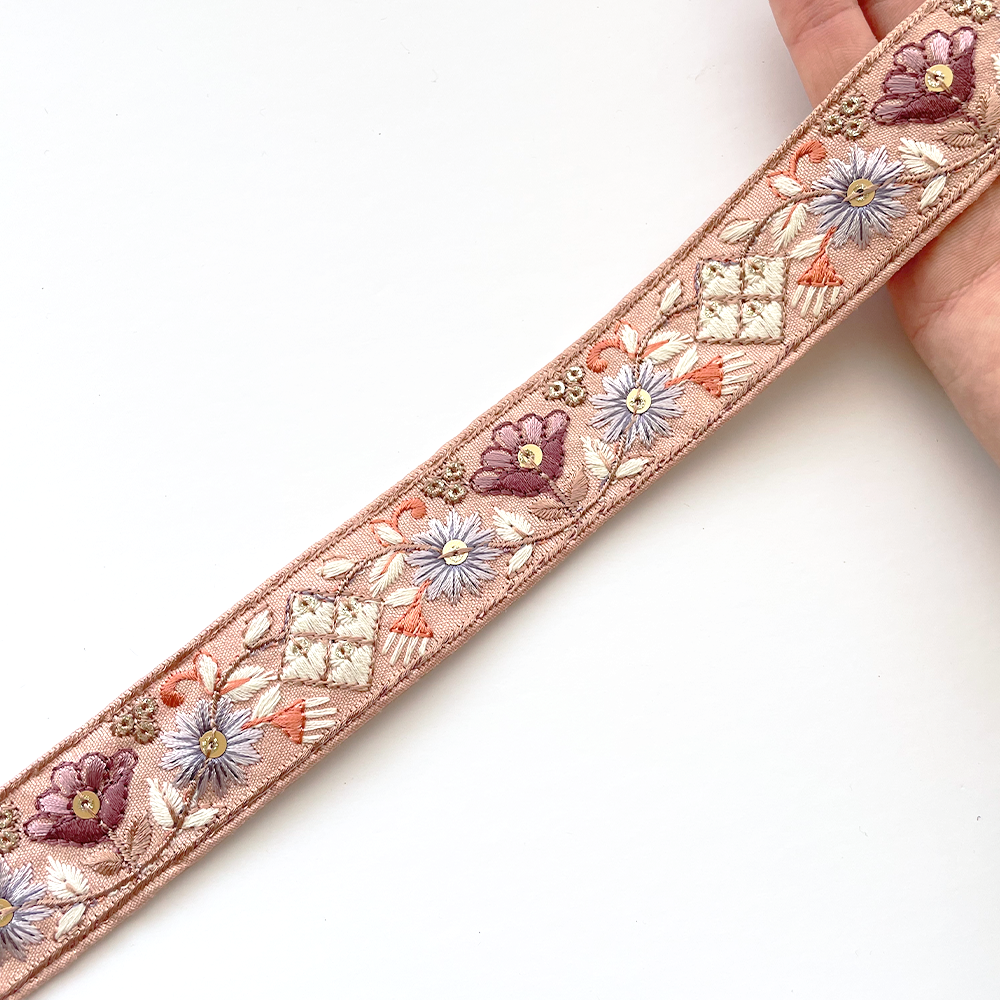 907 【 幅:3cm 】 インド刺繍リボン サーモン 布地 パープル ピンク