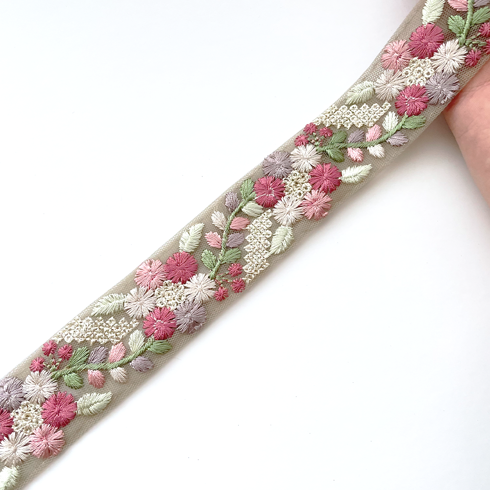 913 【 幅:3cm 】 インド刺繍リボン グリーンベージュ チュール ピンク パープル グリーン