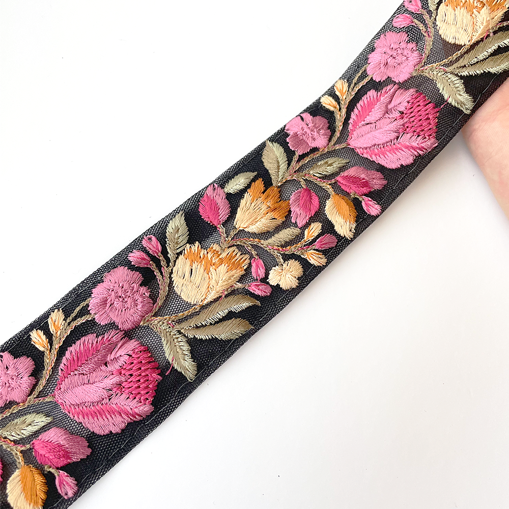 925 【 幅:4.5cm 】 インド刺繍リボン ブラック チュール ピンク イエロー グリーン
