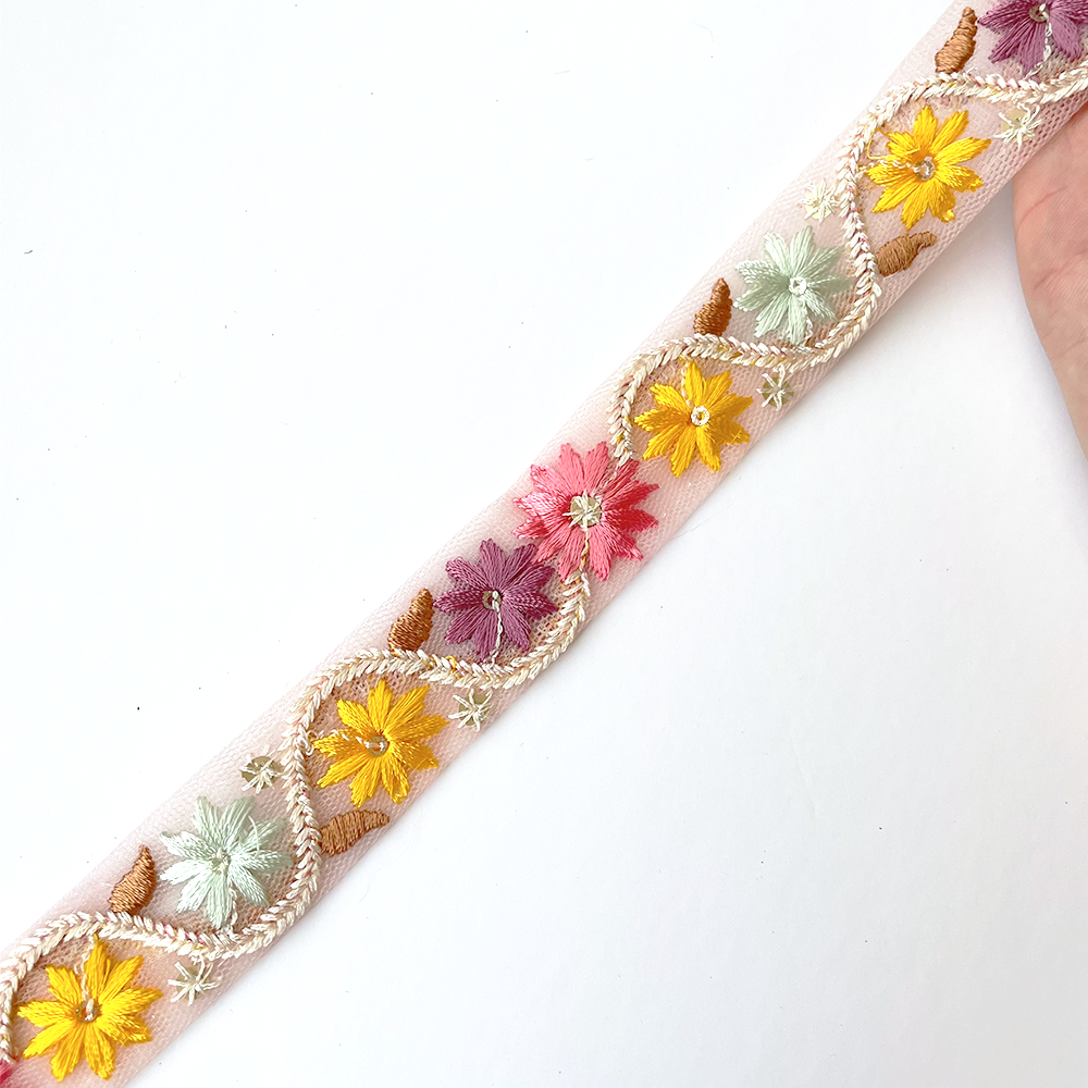 928 【 幅:2.5cm 】 インド刺繍リボン ピンク チュール イエロー パープル ミント ブラウン