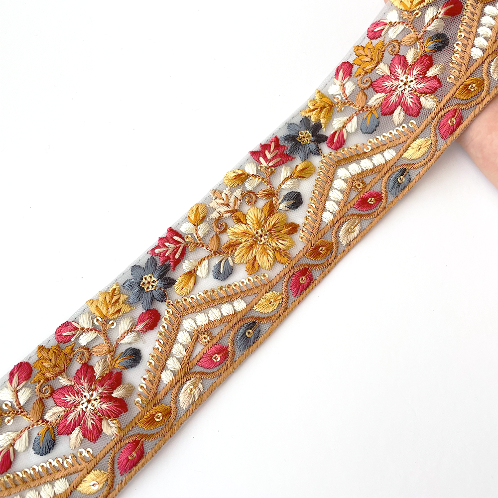 936 【 幅:6cm 】 インド刺繍リボン ブルー チュール イエロー レッド ホワイト ブラウン