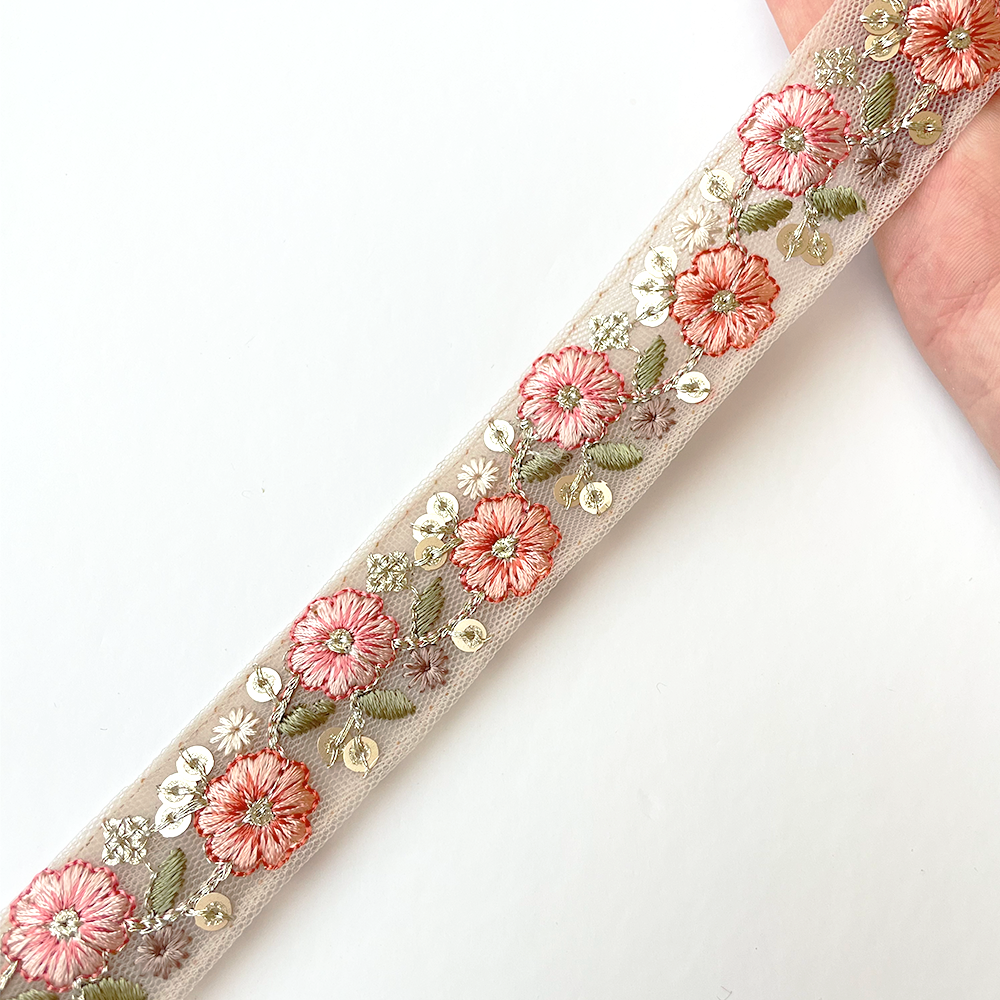 938 【 幅:2.5cm 】 インド刺繍リボン ベージュ チュール ピンク サーモン グリーン