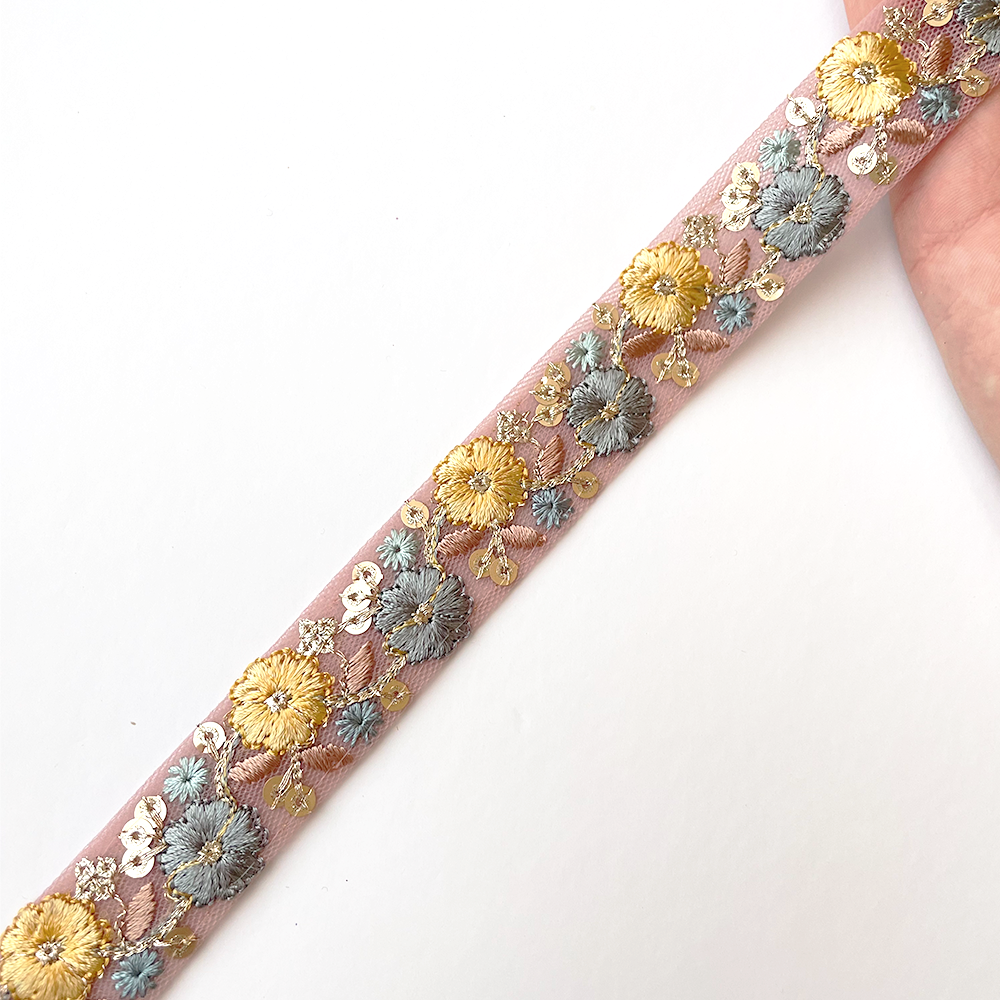 941 【 幅:2.5cm 】 インド刺繍リボン ピンク チュール ブルー イエロー ブラウン