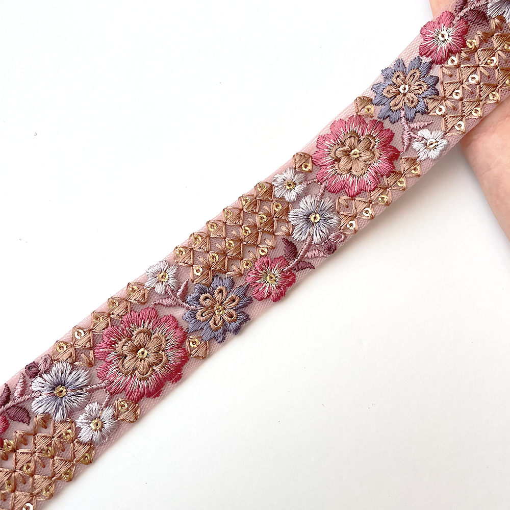 943 【 幅:3.5cm 】 インド刺繍リボン ピンク チュール パープル ブラウン